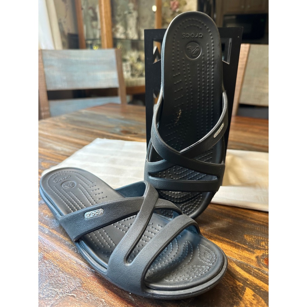 Crocs Patricia Black Wedge Sandals Multi Strap Comfort Slide Shoes Womens 8